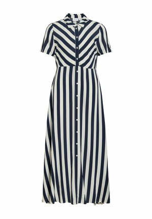 Robe midi boutonnée avec manches courtes, rayures verticales bleu marine et blanches sur la jupe, et rayures diagonales sur le corsage.