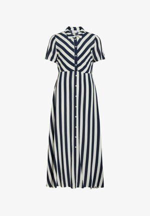 Robe midi boutonnée avec manches courtes, rayures verticales bleu marine et blanches sur la jupe, et rayures diagonales sur le corsage.