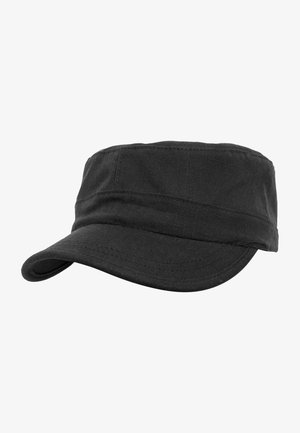 Cappello di cotone nero con una visiera corta e rigida, caratterizzato da un motivo testurizzato e due strisce orizzontali sulla fascia frontale.