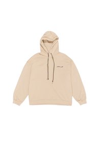 Sudadera con capucha beige de corte relajado, con cordones de colores mixtos y un pequeño logo en el lado izquierdo del pecho.