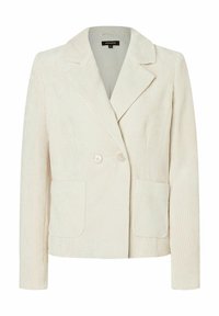 Dubbelgelaagde crèmekleurige corduroy blazer met een geknipte revers, twee opgestikte zakken en een subtiele ribbelstructuur.