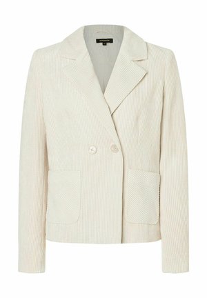 Dubbelgelaagde crèmekleurige corduroy blazer met een geknipte revers, twee opgestikte zakken en een subtiele ribbelstructuur.