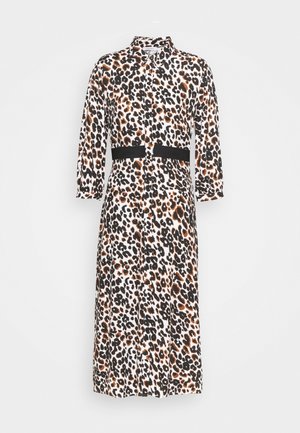 Long-sleeve dress in leopard print with shades of brown and black on a white background. Features a black belt at the waist.
