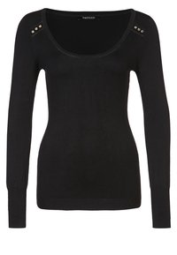 Svart långärmad tröja i mjukt material med rund halsringning och dekorativa metallnitar på axlarna. Figursydd design.