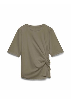 Haut à manches courtes vert olive avec encolure ronde et détail noué froncé sur l'ourlet côté droit.