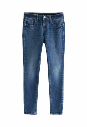 Tunna blå denimjeans med en urtvättad look, femfickorsdesign och bältesöglor. Har en metallknapp och dragkedja i midjan.