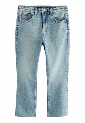 Jean en denim bleu clair, coupe droite, avec bouton à l'avant, fermeture éclair et cinq poches. Texture légèrement délavée.