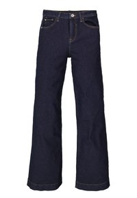 Vaqueros acampanados en azul marino oscuro, hechos de mezclilla, con cierre de botón, cinco bolsillos y costuras doradas a lo largo de las costuras.