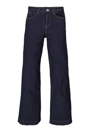 Jeans évasés bleu marine foncé en denim, dotés d'une fermeture à bouton, de cinq poches et de surpiqûres dorées le long des coutures.