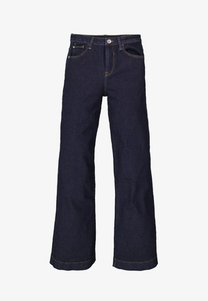 Donkerblauwe uitlopende jeans van denim, met een knoopsluiting, vijf zakken en gouden stiksel langs de naden.