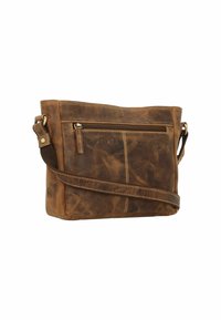 Brown leather crossbody bag, with a wide opening, front zip pocket, and textured finish. Features a sturdy strap and contrast stitching details.
