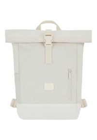 Plecak z górną rolką z jasnobeżowej tkaniny o trwałej fakturze. Posiada przednią kieszeń na zamek, regulowane paski oraz minimalistyczną naszywkę z logo.