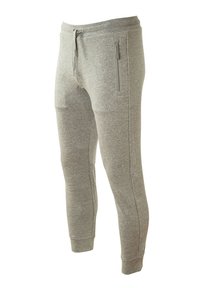 Grå joggerbukser lavet af blødt stof har et tapered design, elastisk talje med snor og sidelommer med lynlås.