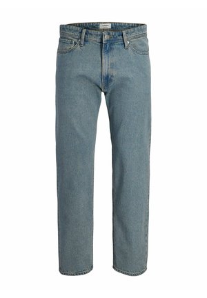 Jeans in denim blu a gamba dritta con bottone e cerniera frontali, passanti per cintura e etichetta del marchio visibile in vita.