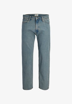 Proste niebieskie jeansy denim z przodu na guzik i zamek, z szlufkami na pasek i widoczną metką marki na talii.