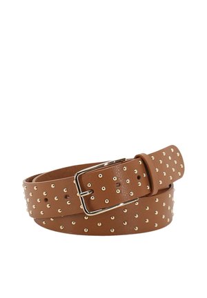 Brown leather belt with gold studs, rectangular silver buckle, and a textured surface. Features a wide strap with evenly spaced embellishments.