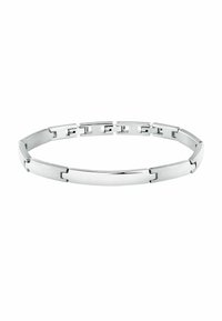 Bracciale in argento con maglie alternate spazzolate e lucide. Presenta un elegante dettaglio centrale rettangolare e un design liscio e senza soluzione di continuità.
