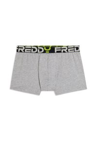 Boxer in cotone grigio con un elastico in vita nero e verde lime con il nome del marchio "FREDDY" ripetuto in lettere grassetto.