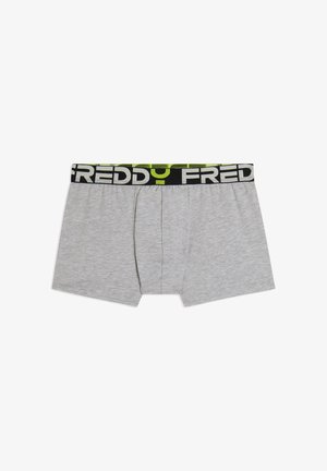 Bóxers de algodón gris con una cintura elástica negra y verde lima que presenta el nombre de la marca "FREDDY" repetido en letras mayúsculas y audaces.