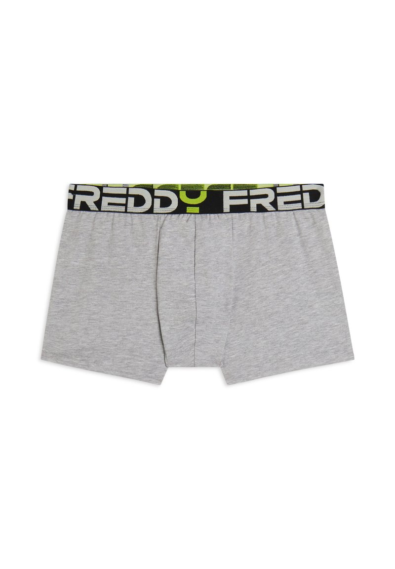 Boxer in cotone grigio con un elastico in vita nero e verde lime con il nome del marchio "FREDDY" ripetuto in lettere grassetto.