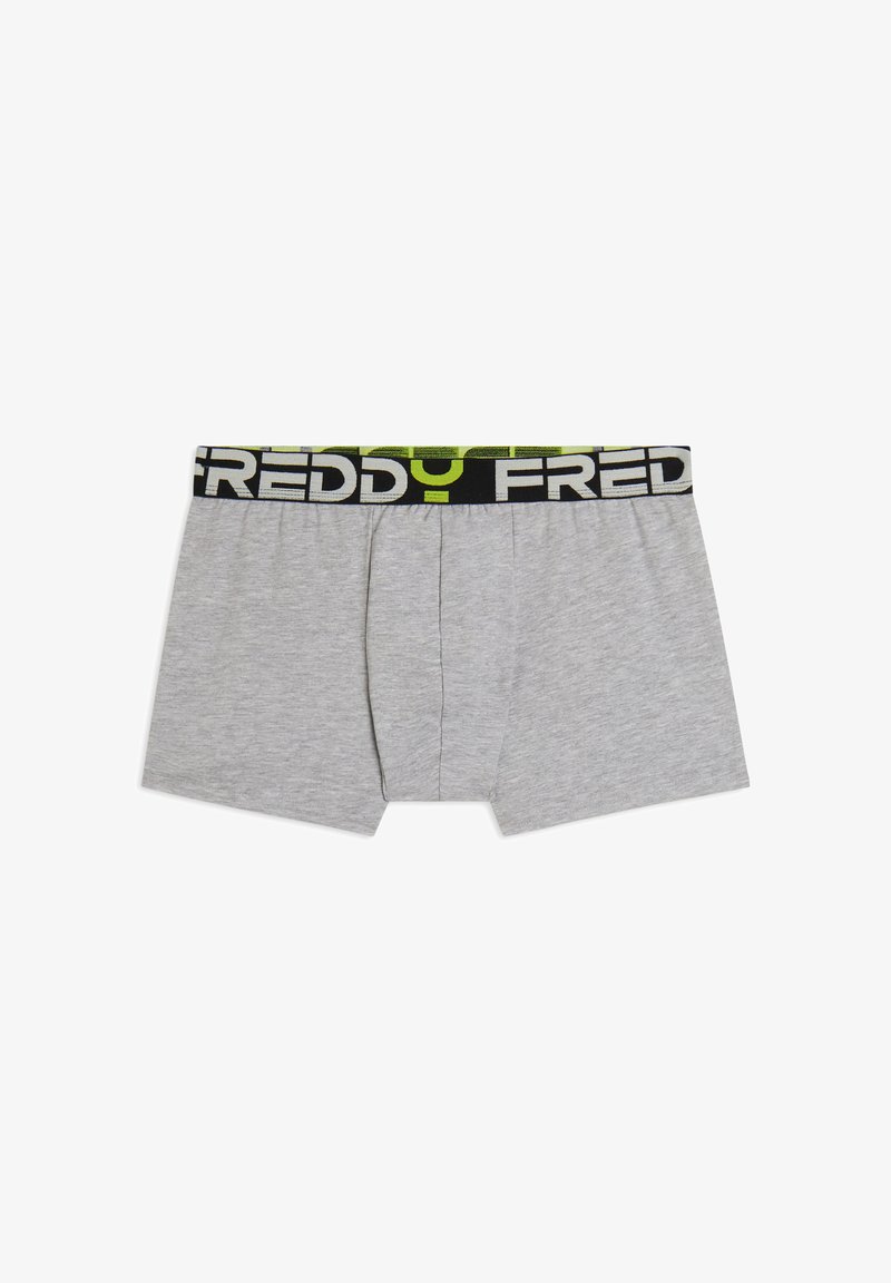 Boxer in cotone grigio con un elastico in vita nero e verde lime con il nome del marchio "FREDDY" ripetuto in lettere grassetto.