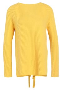 Gelber Strickpullover mit geripptem Muster, langen Ärmeln, Rundhalsausschnitt und verstellbaren Bändern am Saum.