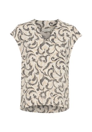 Īsām piedurknēm, krēmkrāsas blūze ar melnu un brūnu viļņveida rakstu. V-veida dekoltē, brīvs griezums un neliels noapaļots apakšmalas galu. Viegls audums.