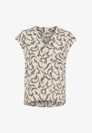 Rövid ujjú, krém színű blúz fekete és barna spirálmintával. V-nyakú, laza fazonú, enyhén kerekített hem. Könnyű anyag.