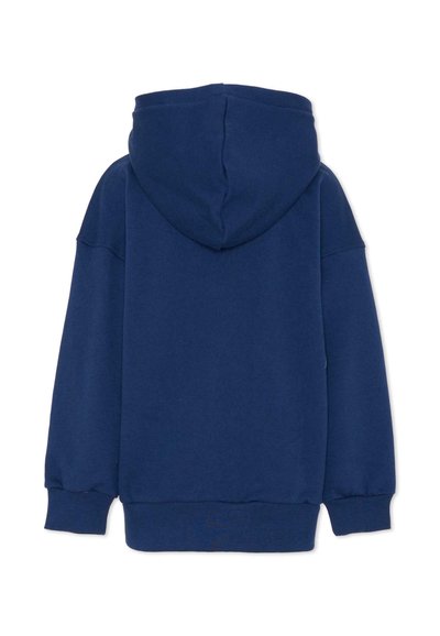 Felpa con cappuccio blu navy realizzata in tessuto misto cotone, con cappuccio ampio, maniche lunghe e polsini e orlo a coste. Design semplice senza decorazioni.