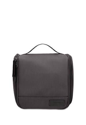 Compact rectangular black travel bag with handle on top and zipper closure along the sides, plain design with small logo patch on front.