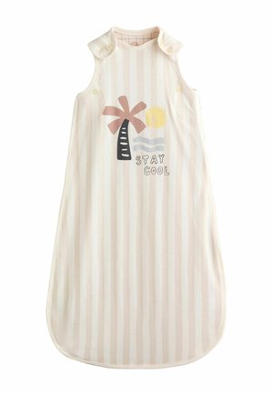 Sleeveless baby sleeping bag with beige vertical stripes, palm tree graphic, sun, waves, and "STAY COOL" text on front.