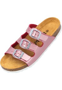 Sandalo rosa a tre cinturini con fibbie metalliche, soletta in sughero e suola in gomma bianca. Parte superiore in pelle liscia con accenti rossi e una soletta testurizzata.