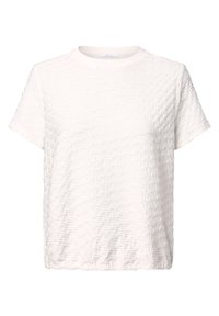 Bílý krátký rukáv tričko s texturovaným vzorem, kulatým výstřihem a volným střihem. Materiál má jemný zkroucený design. Bez viditelného kovového doplňku.