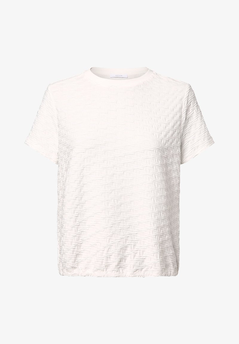 Bílý krátký rukáv tričko s texturovaným vzorem, kulatým výstřihem a volným střihem. Materiál má jemný zkroucený design. Bez viditelného kovového doplňku.