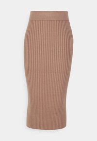 Brun ribbad stickad kjol med en figursydd design, som har ett brett elastiskt midjeband och en knälång skärning, vilket ger en mjuk textur.