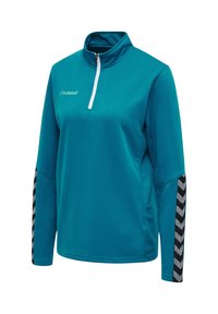 Tyrkisblå sports-top med lange ærmer, hvid kvart lynlås, sorte og grå chevronstriber på ærmerne og et hummel-logo på brystet.