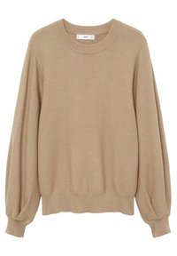 Pull en maille beige à manches longues avec col rond et poignets et bas côtelés, présenté à plat sur fond blanc.