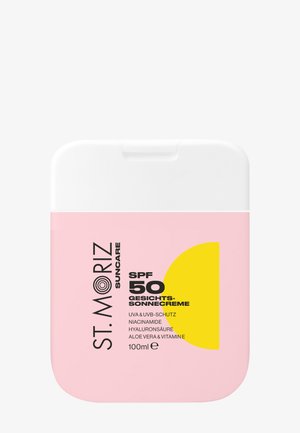 SPF 50 St. Moriz gezichts-zonnebrandcrème flesje, roze en wit met gele halve cirkel, 100ml, UVA/UVB bescherming, niacinamide, hyaluronzuur.