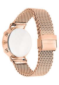 Roséguld mesh-klocka med en elegant rund urtavla och en slät vit ansikte. Har ett säkert spänne och en strukturerad metallarmband för komfort.