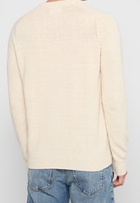 Hellcremefarbener Pullover mit gestrickter Textur, geripptem Saum und Raglanärmeln, von hinten vor einem schlichten Hintergrund gezeigt.