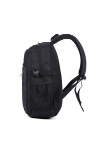 Zaino nero dal design elegante, realizzato in tessuto durevole. Presenta numerosi scomparti con zip e inserti in rete sui lati.