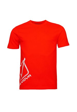 Rød bomulds t-shirt med rund hals, korte ærmer og et hvidt trykt design med bogstaver og geometriske former på fronten.