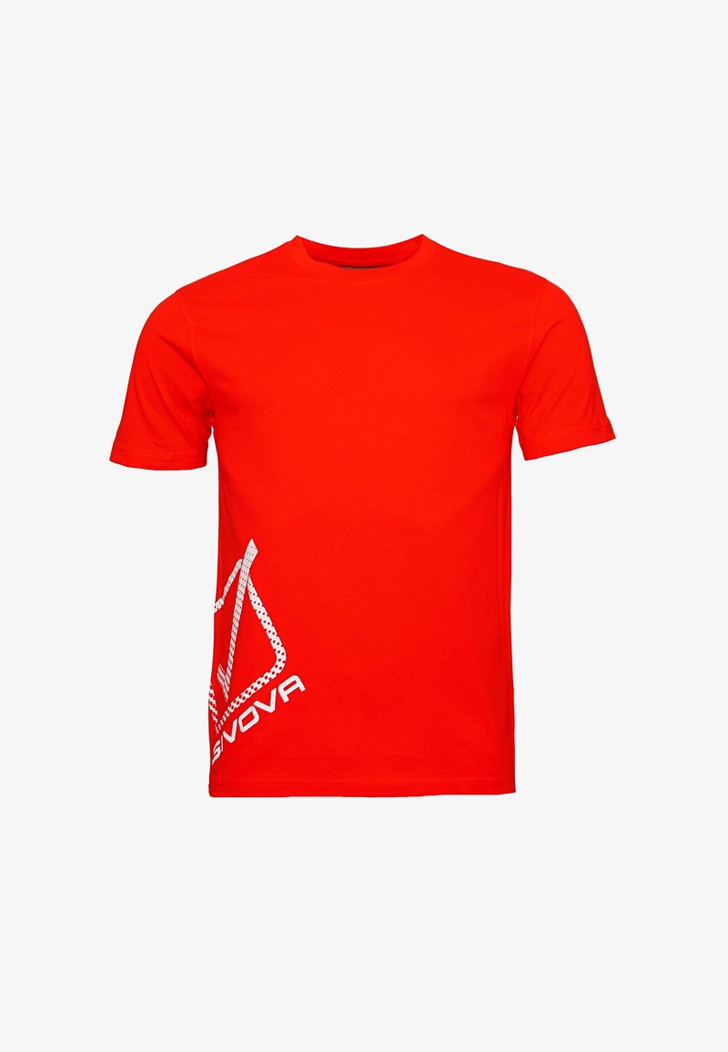Červené bavlněné tričko s kulatým výstřihem, krátkými rukávy a bílým potiskem, který obsahuje písmo a geometrické tvary na přední straně.