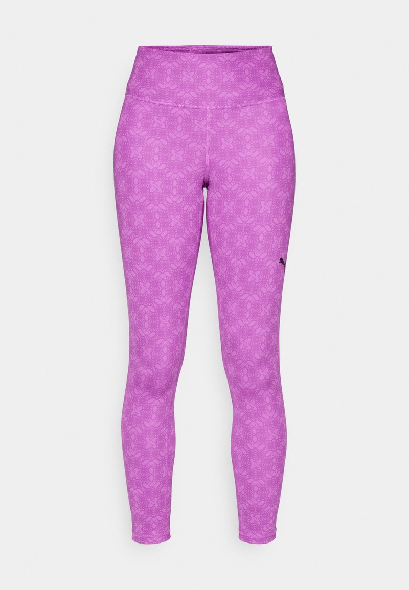 Lila Leggings mit floralem Muster, hohem Bund und genähten Details. Hergestellt aus einem dehnbaren Material für Komfort und Flexibilität.