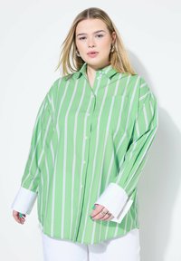 Camicia a righe verdi con accenti bianchi e una tasca. Il tessuto appare liscio e leggero, con maniche lunghe e morbide.