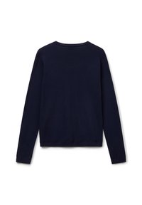 Granatowy sweter z długim rękawem, z okrągłym dekoltem oraz ściągaczami przy rękawach i u dołu. Gładka tekstura w jednolitym kolorze, bez wzorów.