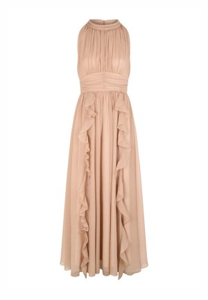 Vestido maxi beige sin mangas con cuello alto, cintura fruncida y adorno de volantes que cae por ambos lados en la parte delantera.