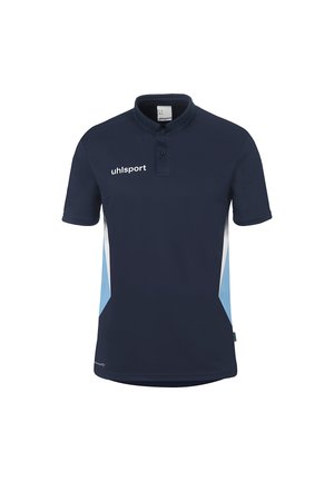Polo à manches courtes bleu marine avec panneaux latéraux bleu clair et blancs, col à boutons et logo "uhlsport" sur la poitrine.