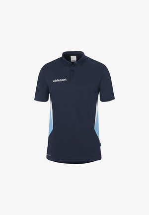 Polo à manches courtes bleu marine avec panneaux latéraux bleu clair et blancs, col à boutons et logo "uhlsport" sur la poitrine.