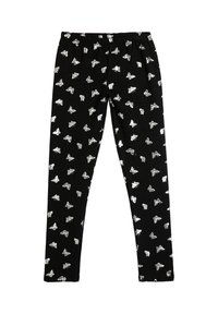 Leggings negros con patrones de mariposas blancas distribuidos uniformemente, con una cintura elástica y piernas ajustadas.